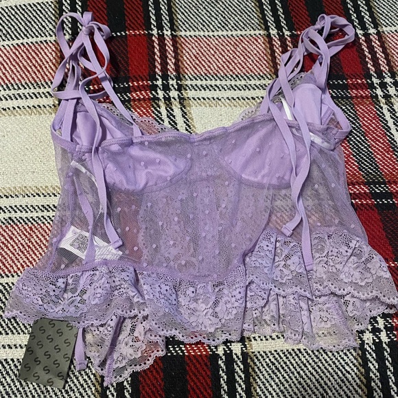 NWT shein sky plus lilac purple shoulder tie ruffle hem sheer crop top - 1X, 14 - Picture 7 of 8